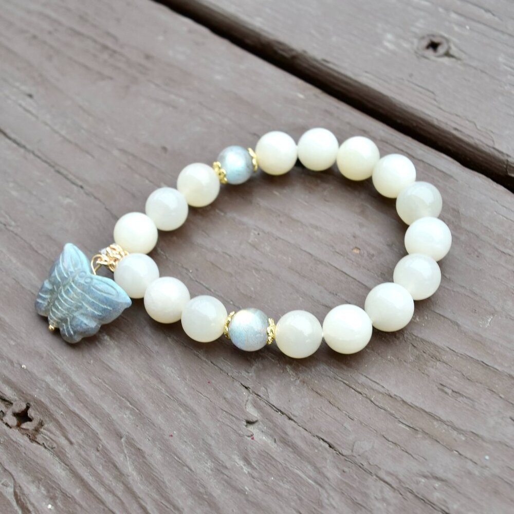 【SOLD】10 mm White Moonlight Bracelet - Labradorite Butterfly Charm - Picture 1 of 6